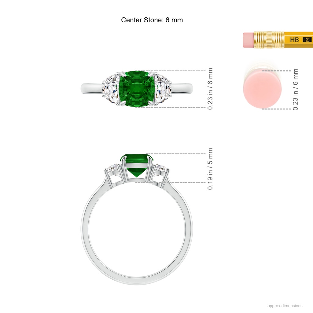 6mm AAAA Cushion Emerald and Diamond Three Stone Ring in White Gold Ruler