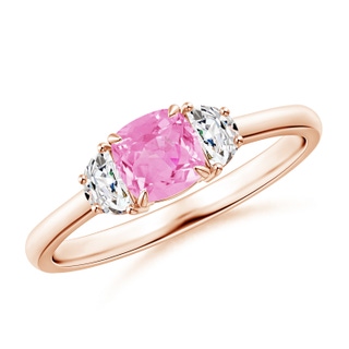 5mm A Cushion Pink Sapphire and Diamond Three Stone Ring in 10K Rose Gold