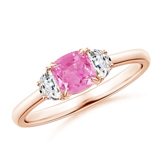 5mm AA Cushion Pink Sapphire and Diamond Three Stone Ring in 10K Rose Gold