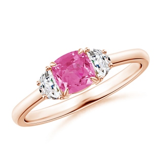 5mm AAA Cushion Pink Sapphire and Diamond Three Stone Ring in 10K Rose Gold