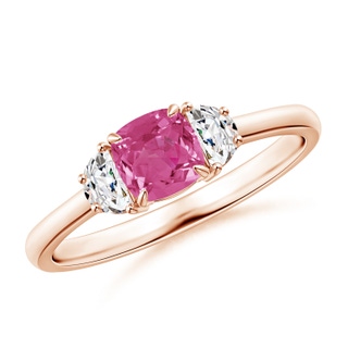 5mm AAAA Cushion Pink Sapphire and Diamond Three Stone Ring in 10K Rose Gold
