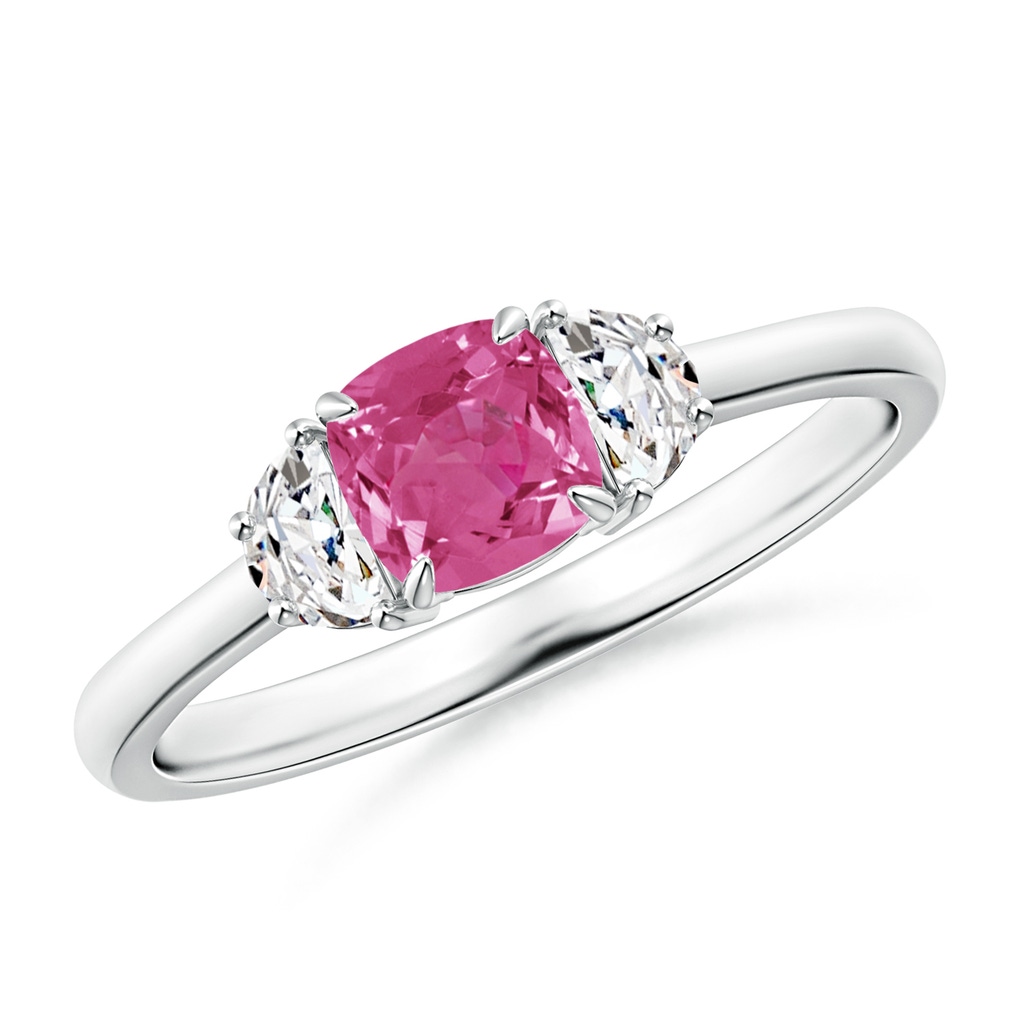 5mm AAAA Cushion Pink Sapphire and Diamond Three Stone Ring in White Gold