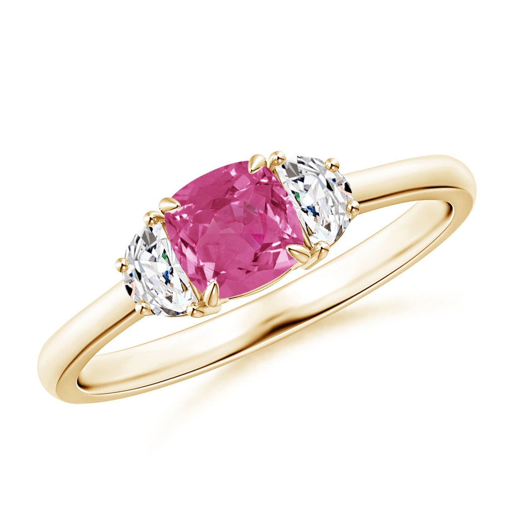 5mm AAAA Cushion Pink Sapphire and Diamond Three Stone Ring in Yellow Gold