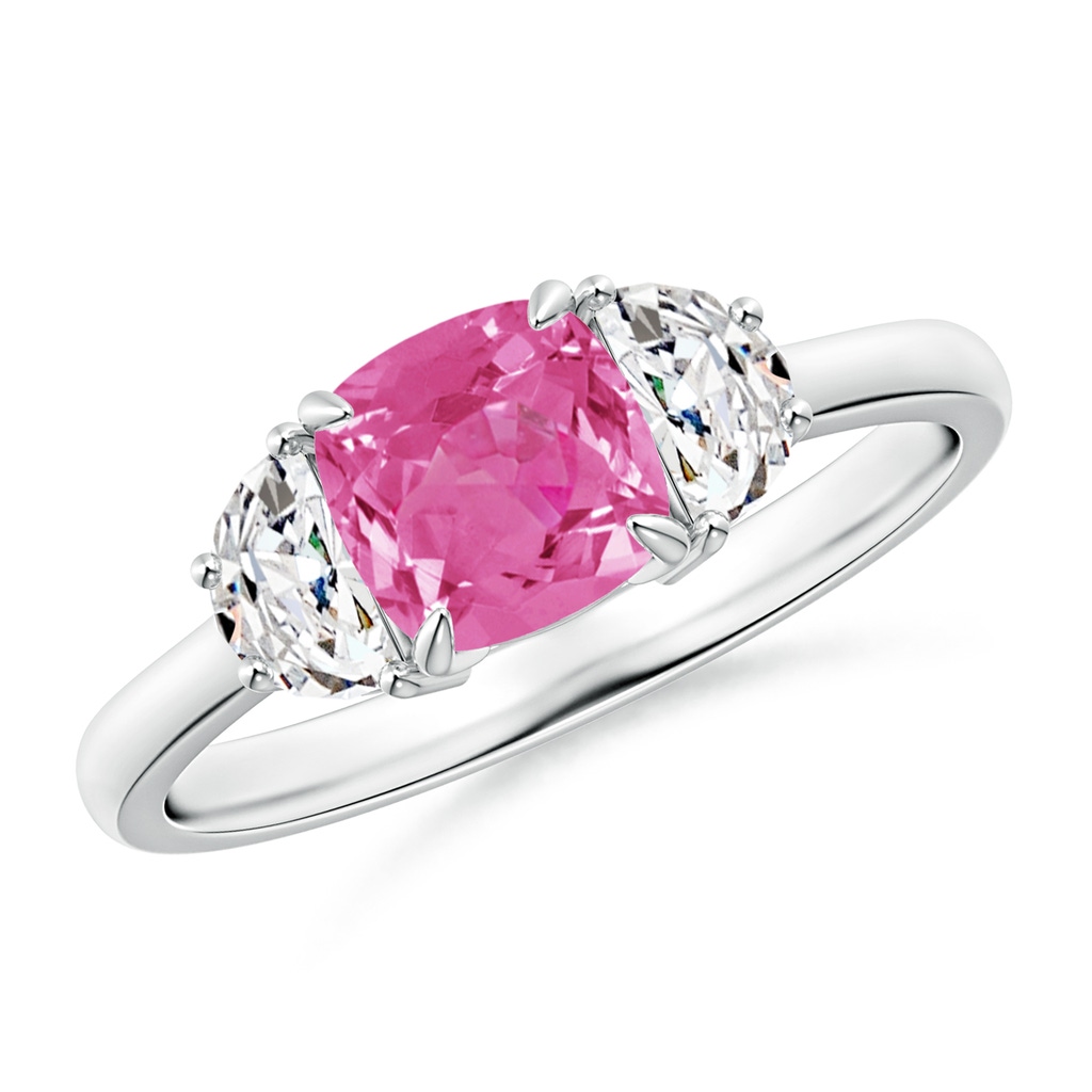 6mm AAA Cushion Pink Sapphire and Diamond Three Stone Ring in White Gold