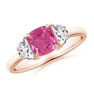 6mm AAAA Cushion Pink Sapphire and Diamond Three Stone Ring in Rose Gold