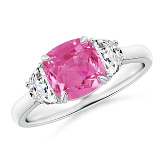 7mm AAA Cushion Pink Sapphire and Diamond Three Stone Ring in P950 Platinum