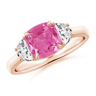 7mm AAA Cushion Pink Sapphire and Diamond Three Stone Ring in Rose Gold