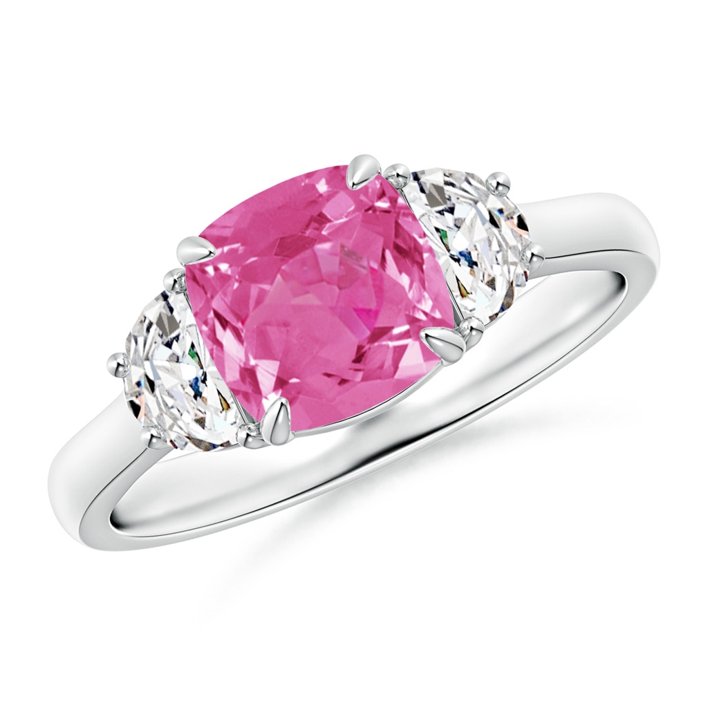 7mm AAA Cushion Pink Sapphire and Diamond Three Stone Ring in White Gold