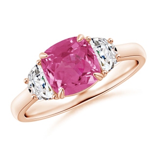 7mm AAAA Cushion Pink Sapphire and Diamond Three Stone Ring in 10K Rose Gold