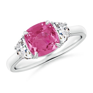 7mm AAAA Cushion Pink Sapphire and Diamond Three Stone Ring in P950 Platinum