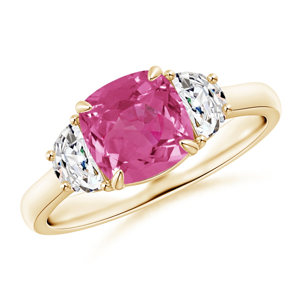 7mm AAAA Cushion Pink Sapphire and Diamond Three Stone Ring in Yellow Gold