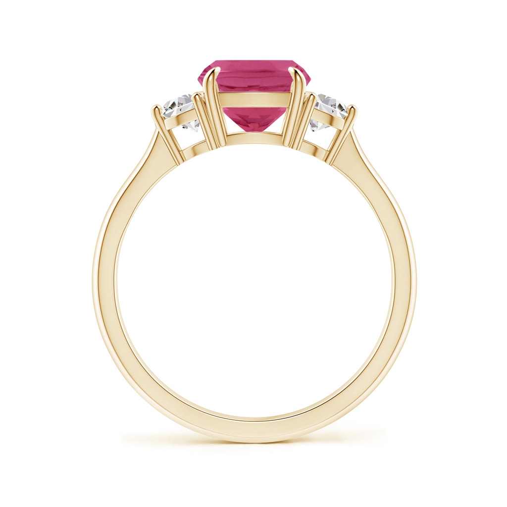 7mm AAAA Cushion Pink Sapphire and Diamond Three Stone Ring in Yellow Gold Side-1