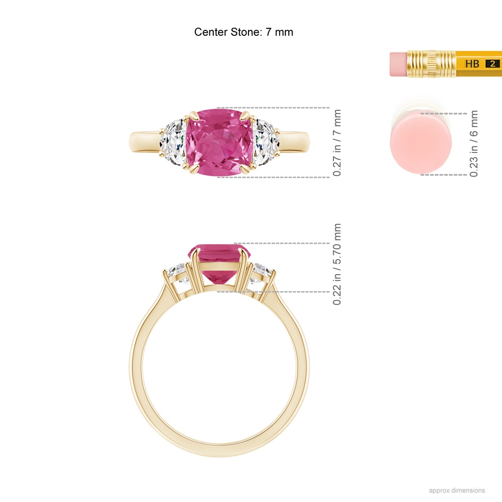 7mm AAAA Cushion Pink Sapphire and Diamond Three Stone Ring in Yellow Gold Ruler