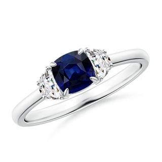 5mm AAA Cushion Blue Sapphire and Diamond Three Stone Ring in P950 Platinum