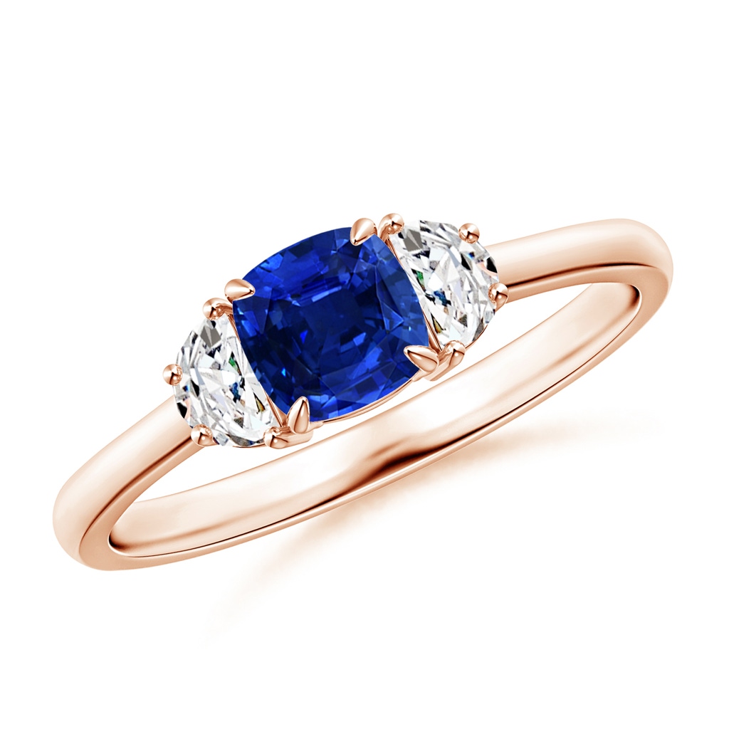 5mm AAAA Cushion Blue Sapphire and Diamond Three Stone Ring in Rose Gold