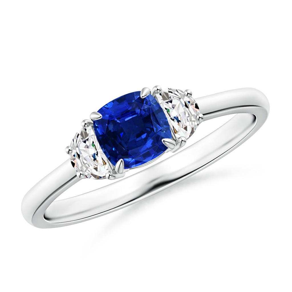 5mm AAAA Cushion Blue Sapphire and Diamond Three Stone Ring in White Gold