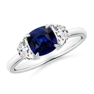 6mm AAA Cushion Blue Sapphire and Diamond Three Stone Ring in White Gold