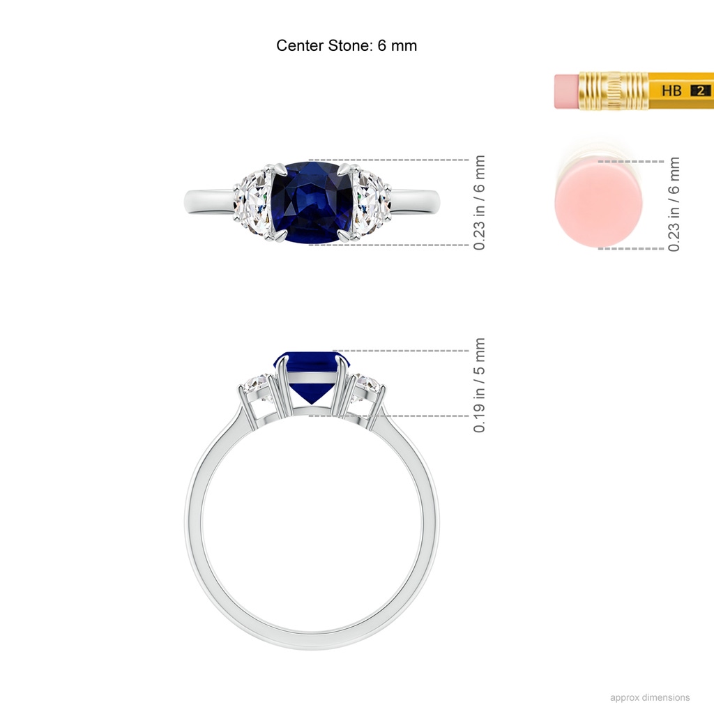 6mm AAA Cushion Blue Sapphire and Diamond Three Stone Ring in White Gold Ruler