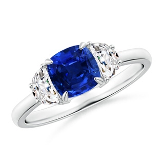 6mm AAAA Cushion Blue Sapphire and Diamond Three Stone Ring in P950 Platinum