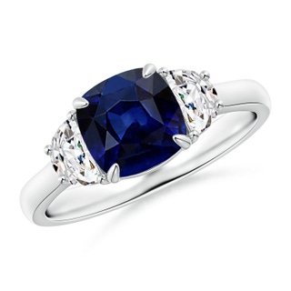 7mm AAA Cushion Blue Sapphire and Diamond Three Stone Ring in P950 Platinum