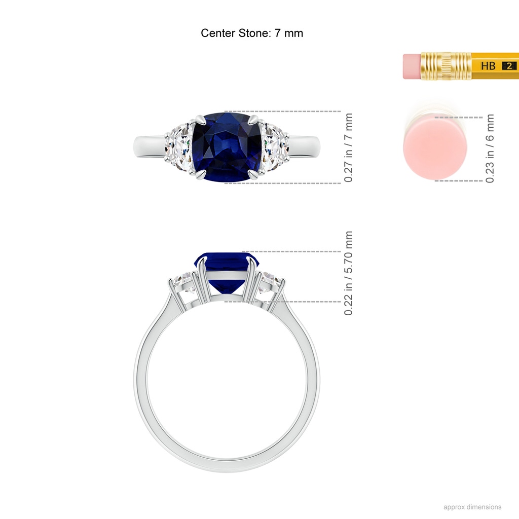 7mm AAA Cushion Blue Sapphire and Diamond Three Stone Ring in P950 Platinum Ruler