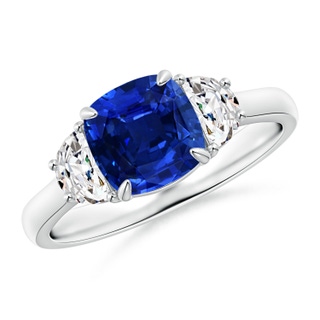 7mm AAAA Cushion Blue Sapphire and Diamond Three Stone Ring in P950 Platinum