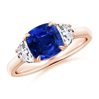 7mm AAAA Cushion Blue Sapphire and Diamond Three Stone Ring in Rose Gold