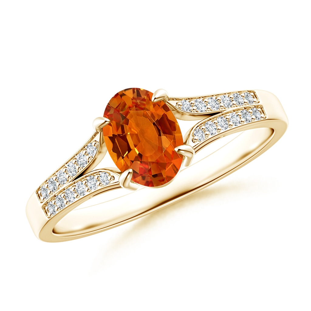 7x5mm AAAA Vintage Style Solitaire Oval Orange Sapphire Split Shank Ring in Yellow Gold
