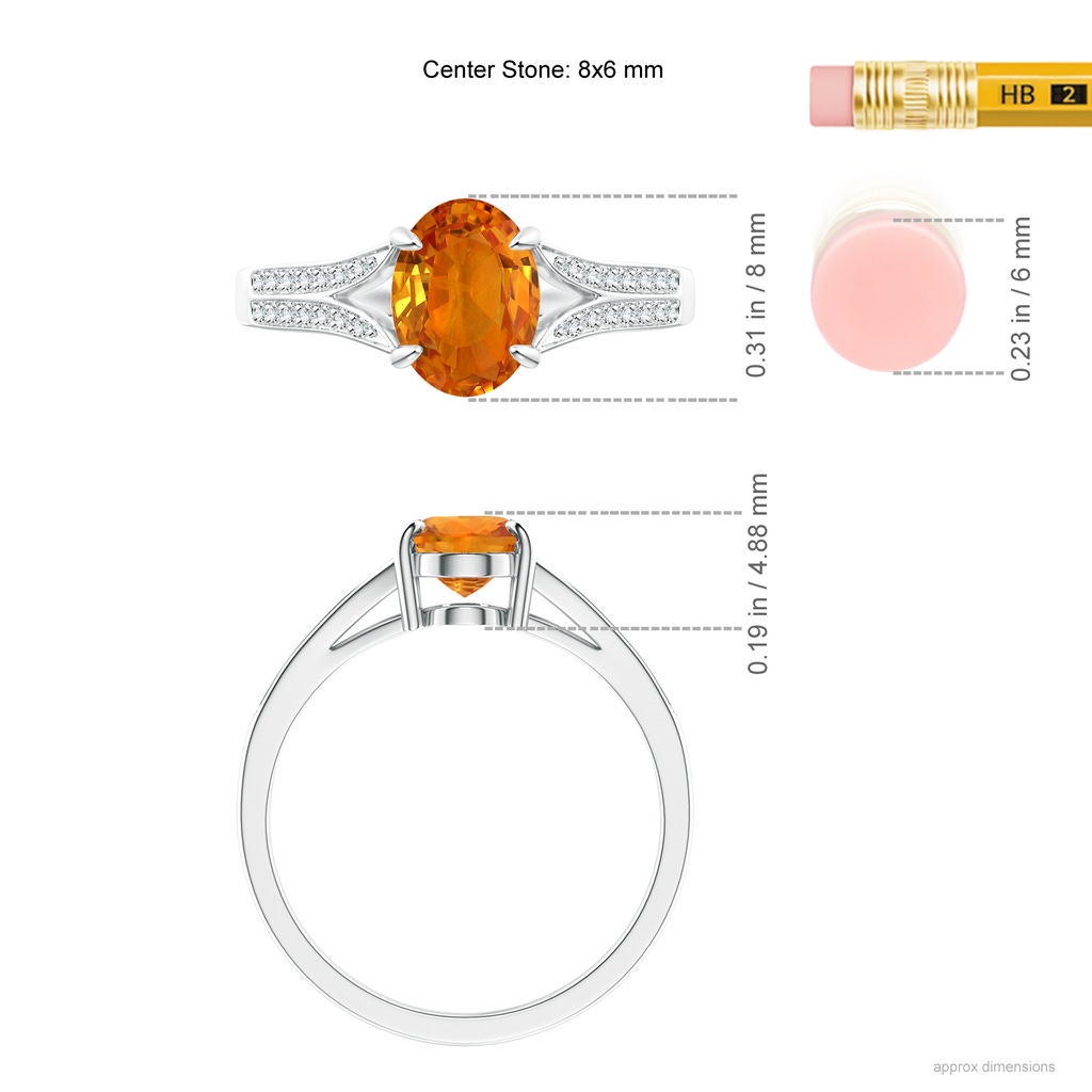 8x6mm AAA Vintage Style Solitaire Oval Orange Sapphire Split Shank Ring in White Gold Ruler