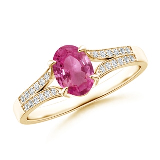 7x5mm AAAA Vintage Style Solitaire Oval Pink Sapphire Split Shank Ring in Yellow Gold