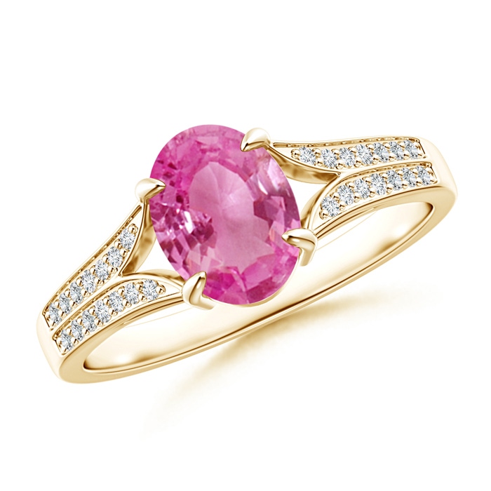 8x6mm AAA Vintage Style Solitaire Oval Pink Sapphire Split Shank Ring in Yellow Gold