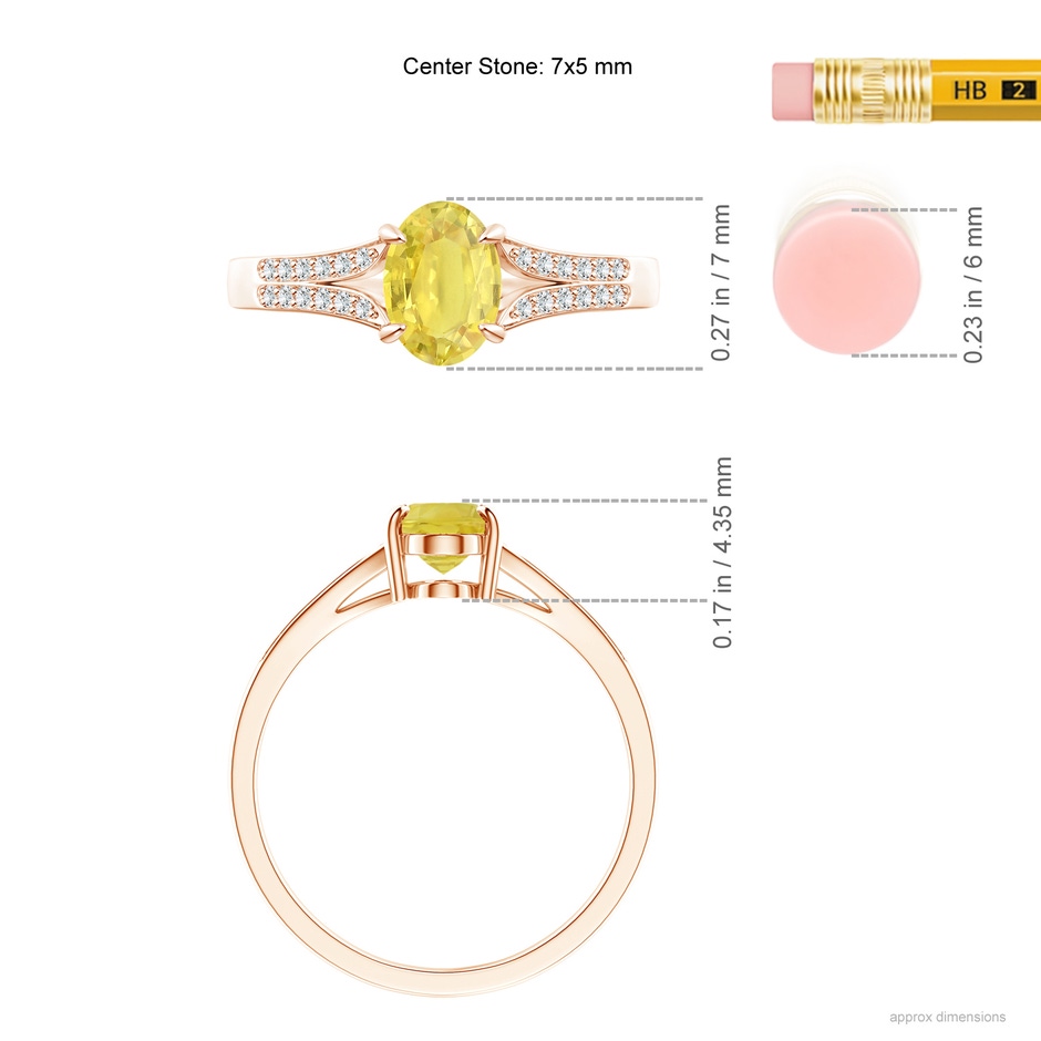 7x5mm A Vintage Style Solitaire Oval Yellow Sapphire Split Shank Ring in Rose Gold ruler