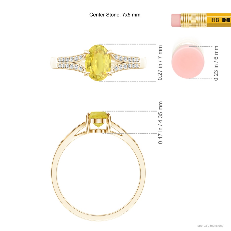 7x5mm A Vintage Style Solitaire Oval Yellow Sapphire Split Shank Ring in Yellow Gold ruler