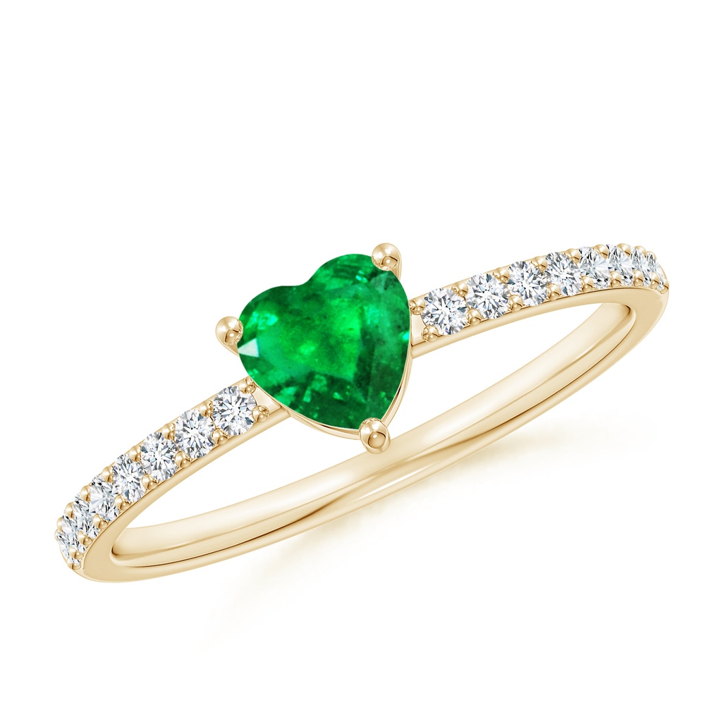 5mm AAA 3-Prong-Set Heart Emerald Ring With Diamond Accents in Yellow Gold