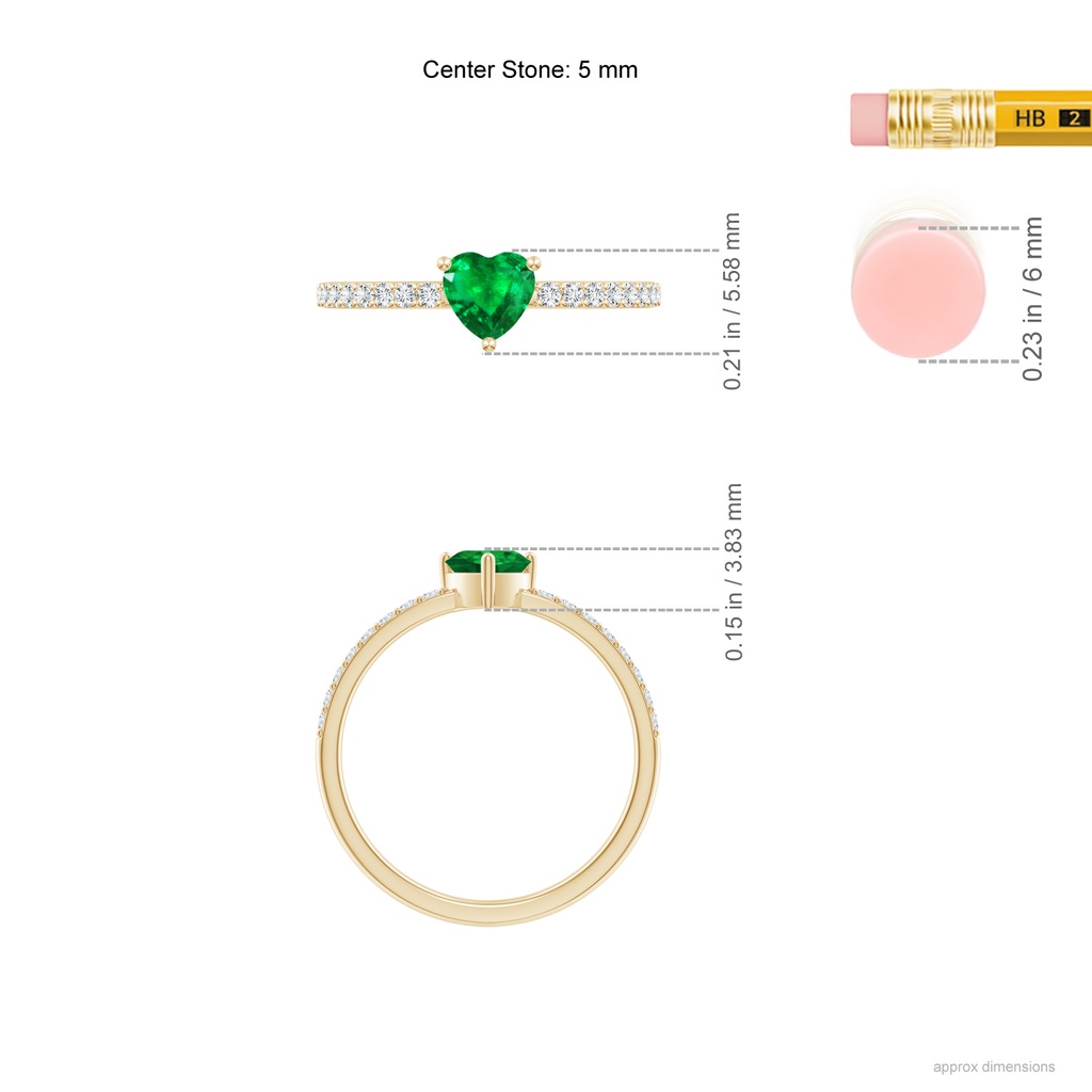 5mm AAA 3-Prong-Set Heart Emerald Ring With Diamond Accents in Yellow Gold Ruler