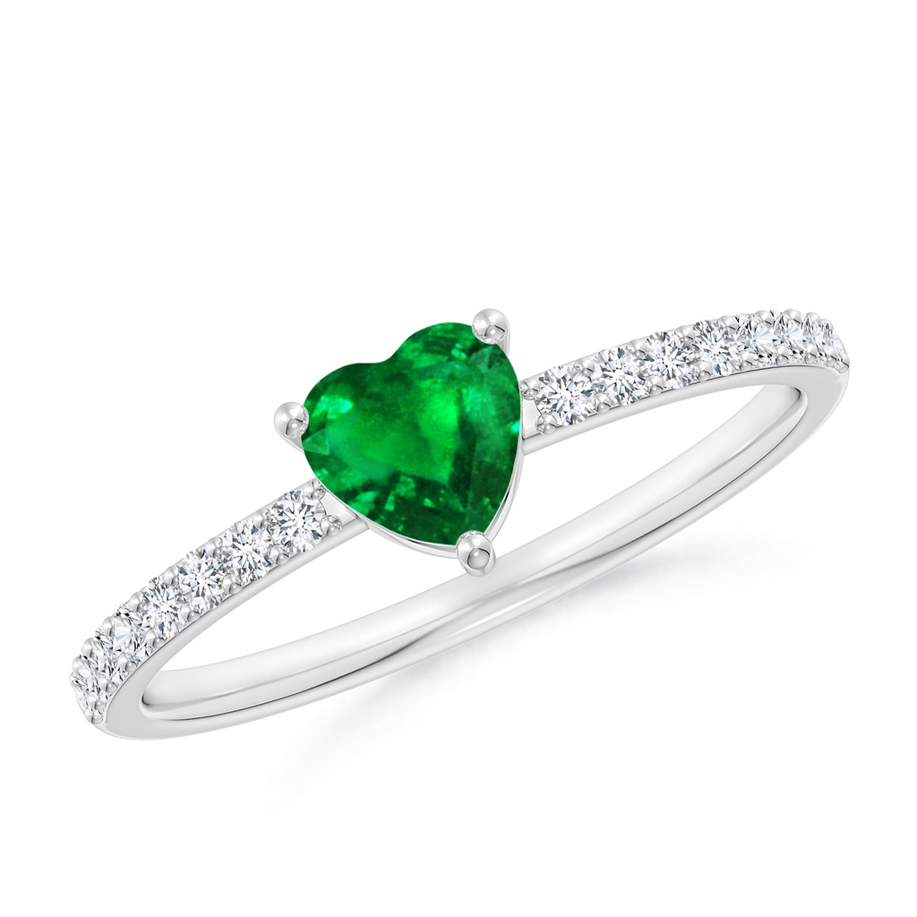 5mm AAAA 3-Prong-Set Heart Emerald Ring With Diamond Accents in White Gold