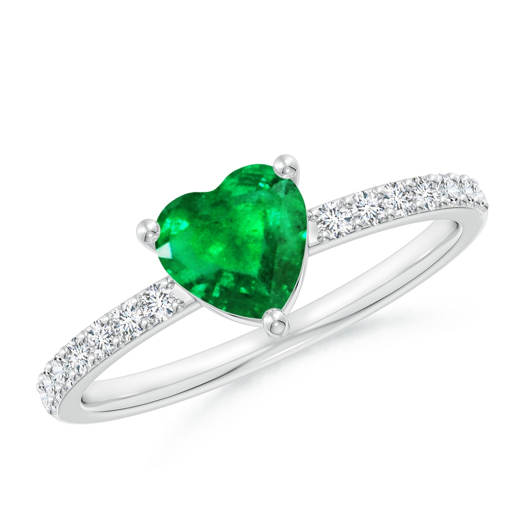 6mm AAA 3-Prong-Set Heart Emerald Ring With Diamond Accents in White Gold