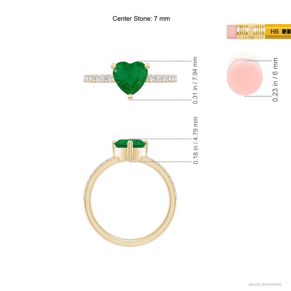 7mm A 3-Prong-Set Heart Emerald Ring With Diamond Accents in Yellow Gold ruler