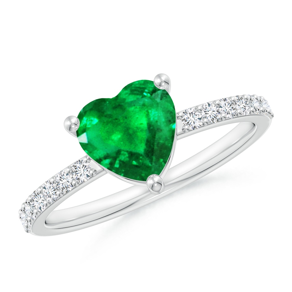 7mm AAA 3-Prong-Set Heart Emerald Ring With Diamond Accents in P950 Platinum 