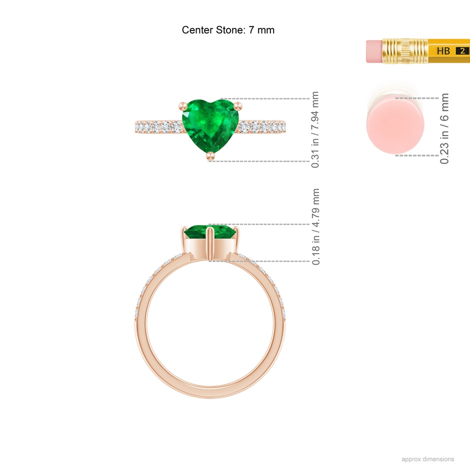 7mm AAA 3-Prong-Set Heart Emerald Ring With Diamond Accents in Rose Gold ruler