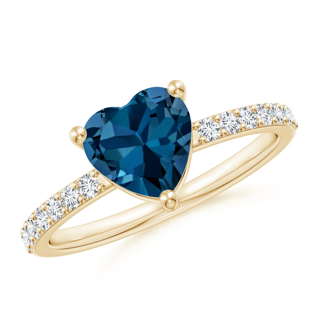 7mm AAA Heart London Blue Topaz Ring with Diamond Accents in Yellow Gold