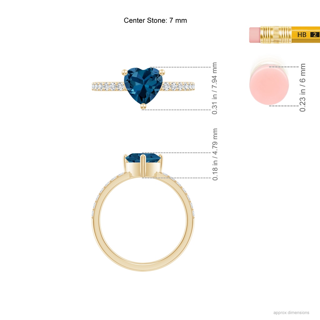 7mm AAA Heart London Blue Topaz Ring with Diamond Accents in Yellow Gold Ruler