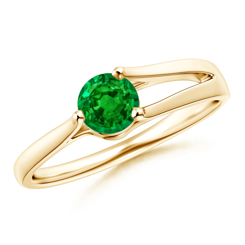 5mm AAAA One Sided Split Shank Round Emerald Solitaire Ring in Yellow Gold 