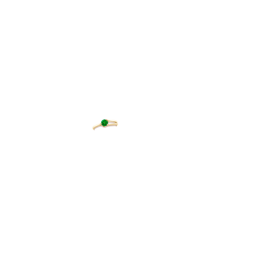 5mm AAAA One Sided Split Shank Round Emerald Solitaire Ring in Yellow Gold hand