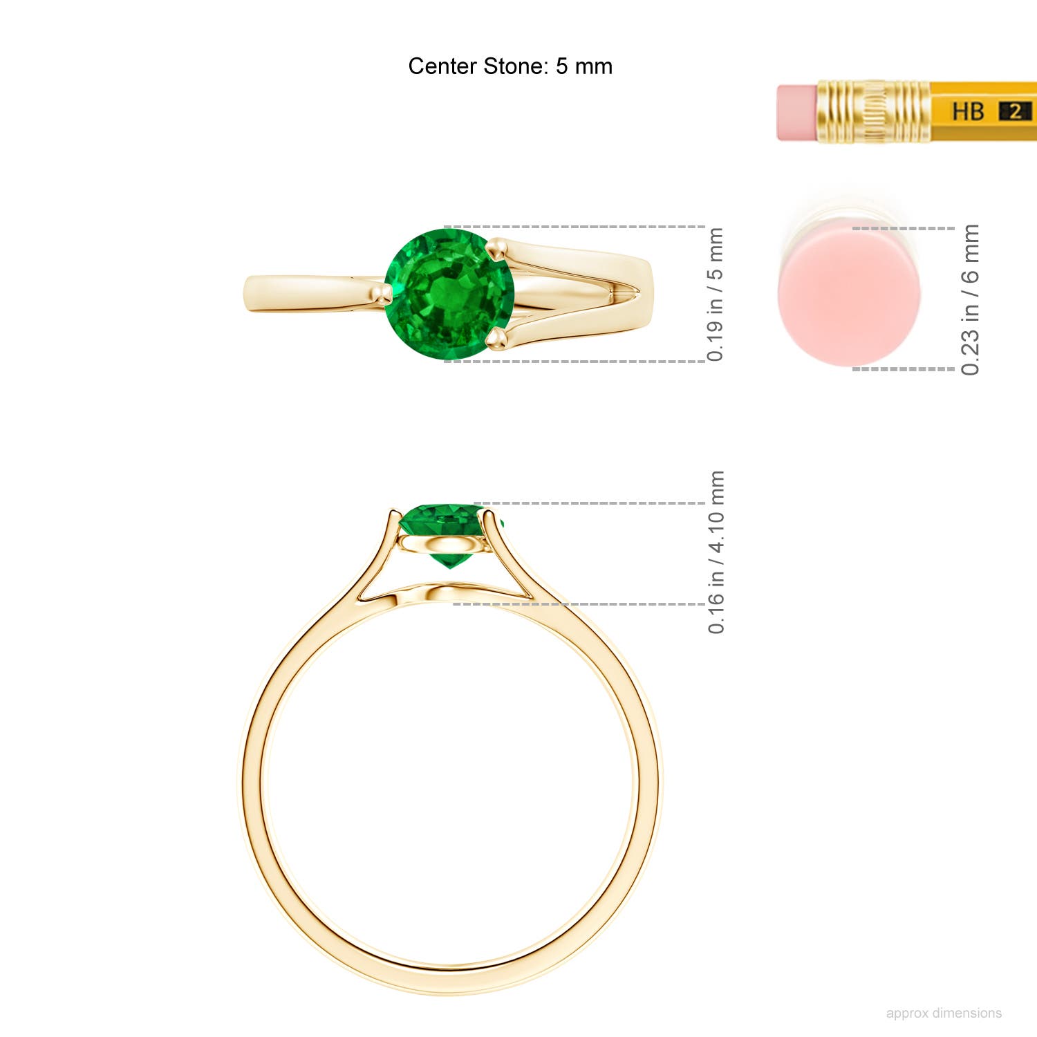 5mm AAAA One Sided Split Shank Round Emerald Solitaire Ring in Yellow Gold - ruler