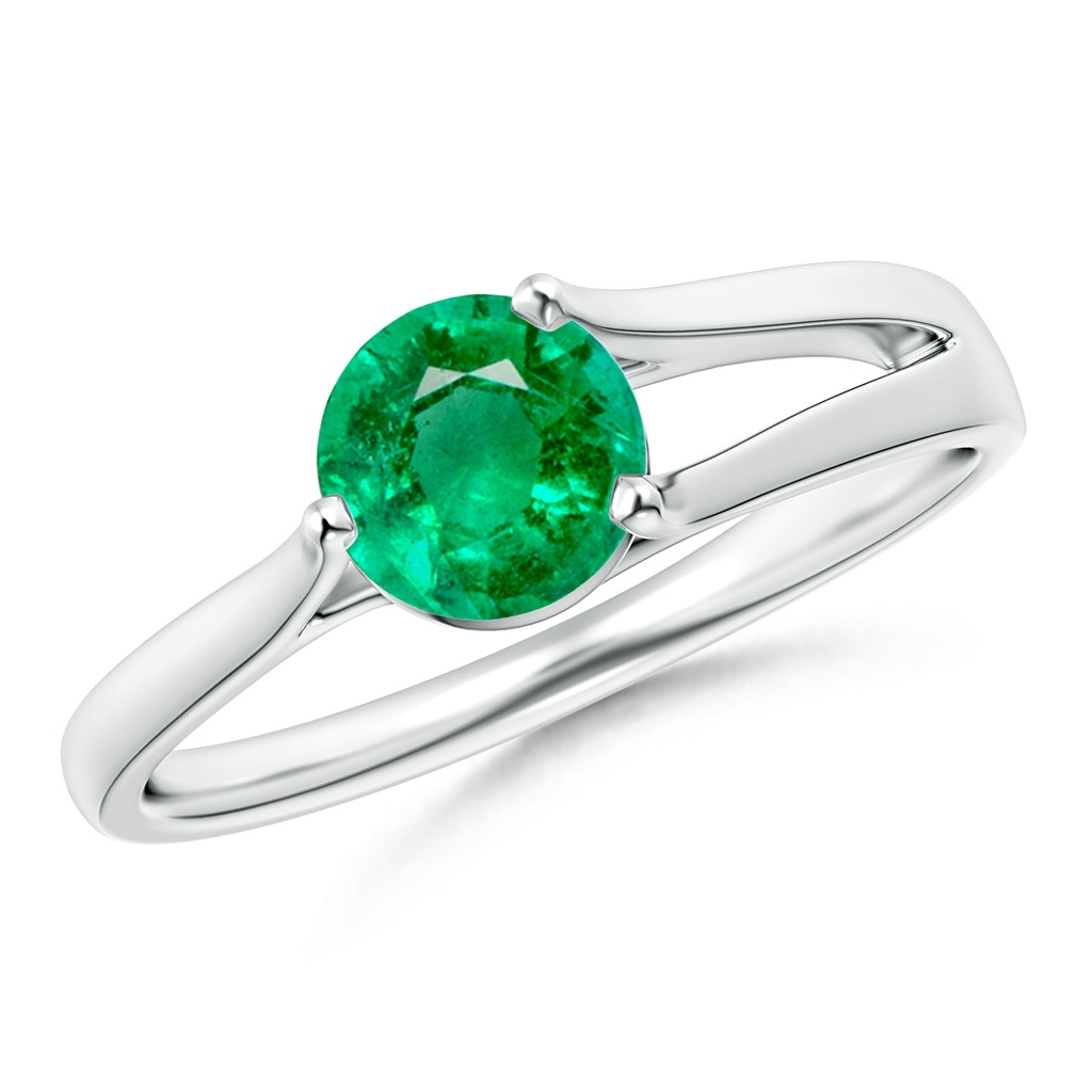 6mm AAA One Sided Split Shank Round Emerald Solitaire Ring in 18K White Gold