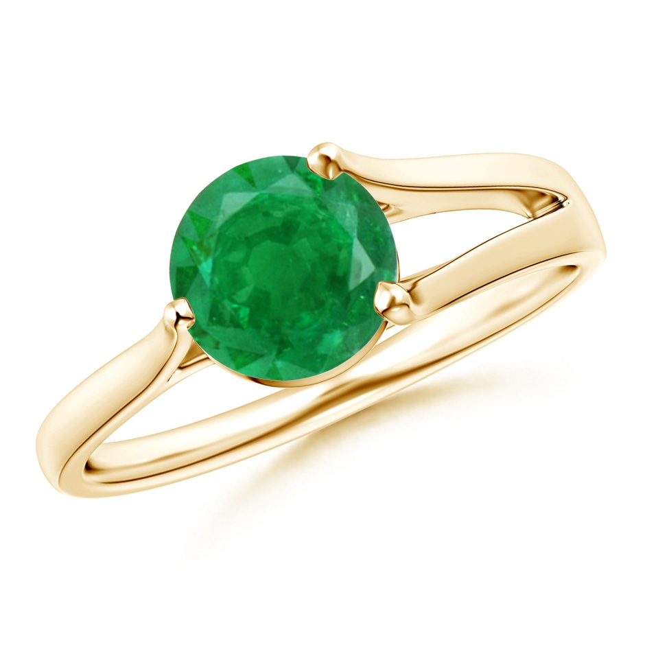7mm AA One Sided Split Shank Round Emerald Solitaire Ring in Yellow Gold 