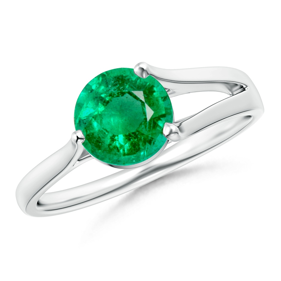 7mm AAA One Sided Split Shank Round Emerald Solitaire Ring in 18K White Gold 