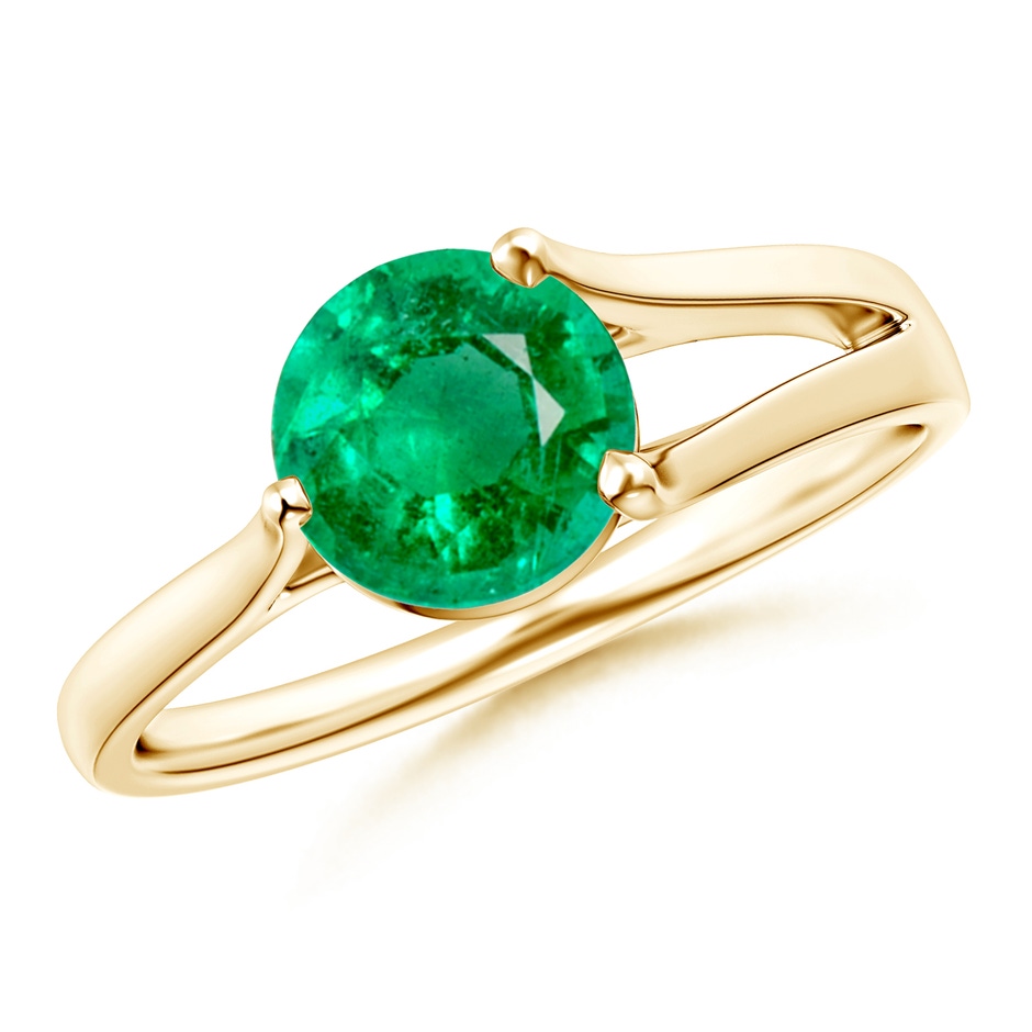 7mm AAA One Sided Split Shank Round Emerald Solitaire Ring in Yellow Gold 