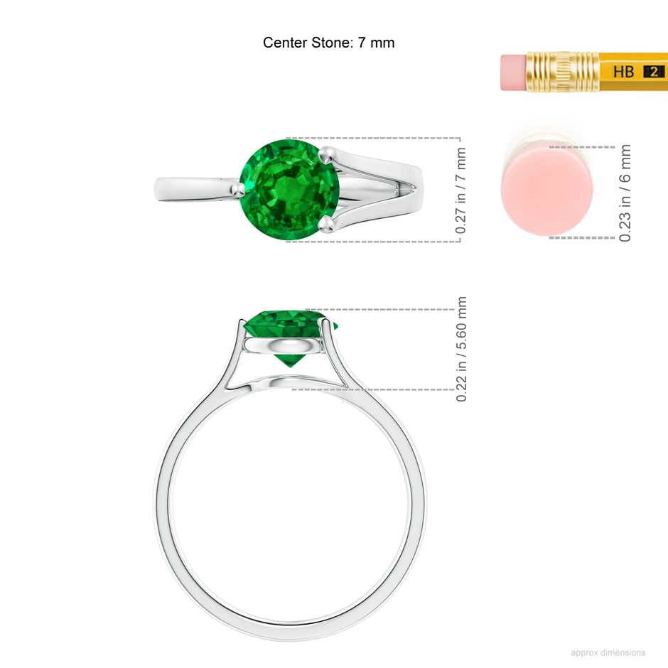 7mm AAAA One Sided Split Shank Round Emerald Solitaire Ring in White Gold ruler